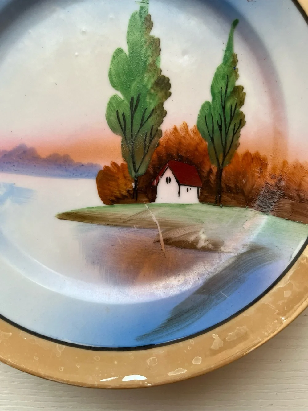 5 Trico Nagoya Japan Lusterware Plates Hand Paint Sunset Cottage Landscape 1930s